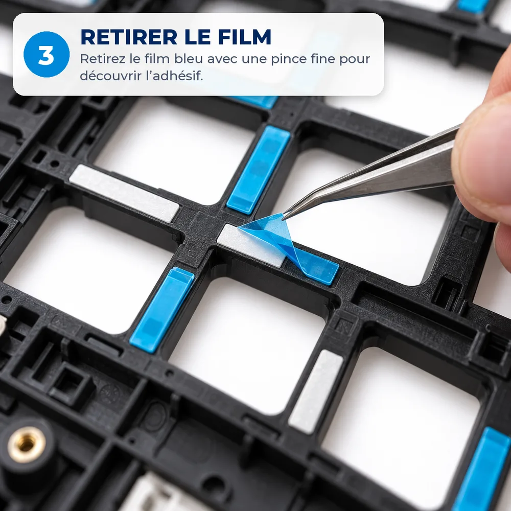 Retrait du film bleu d'une lamelle avec une pince fine, adhésif blanc découvert