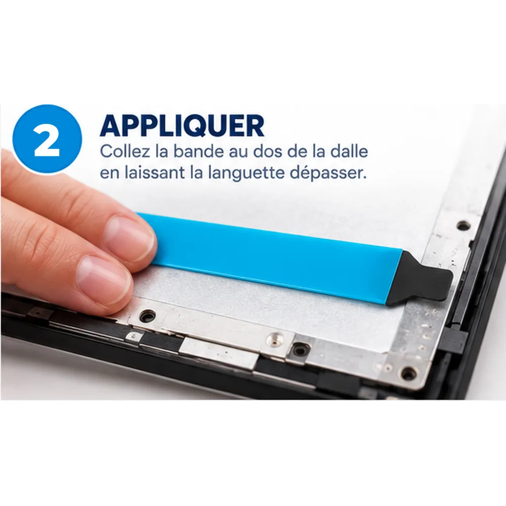 Bande adhésive collée au dos de la dalle, languette dépassant vers le bas