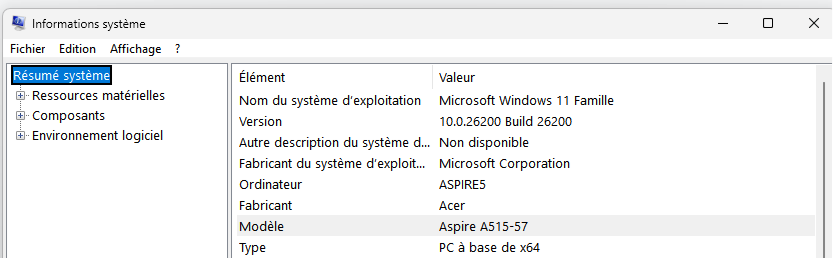 Fenêtre Informations système de Windows affichant le fabricant et le modèle du PC portable